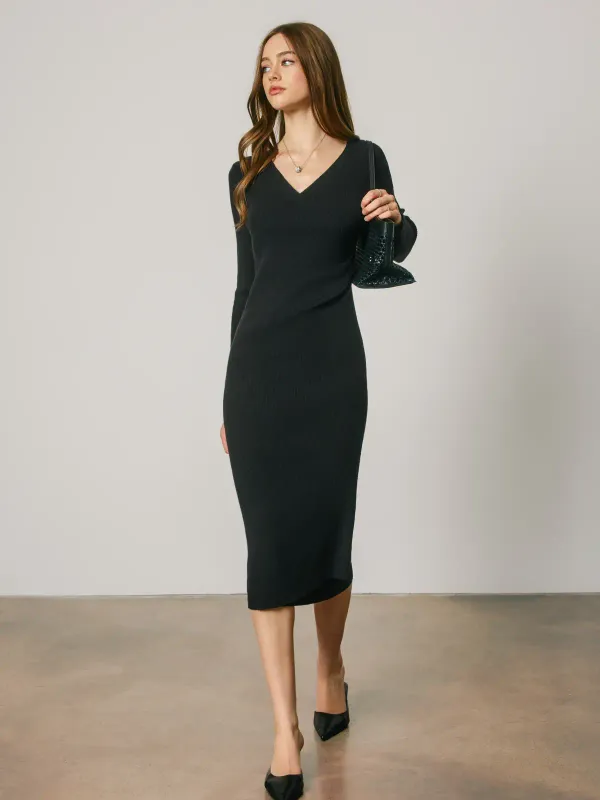 RIBBED KNIT FAUX WRAP MIDI DRESS