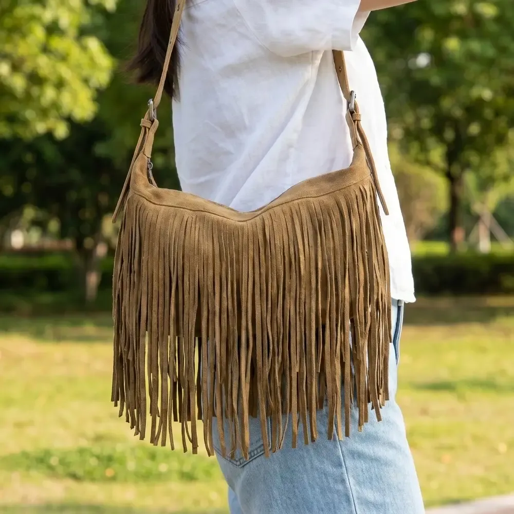 FRINGE SUEDE SHOULDER BAG, Color: LBR, Size: • L: 14 • Depth: 3.5 • H: 8.5