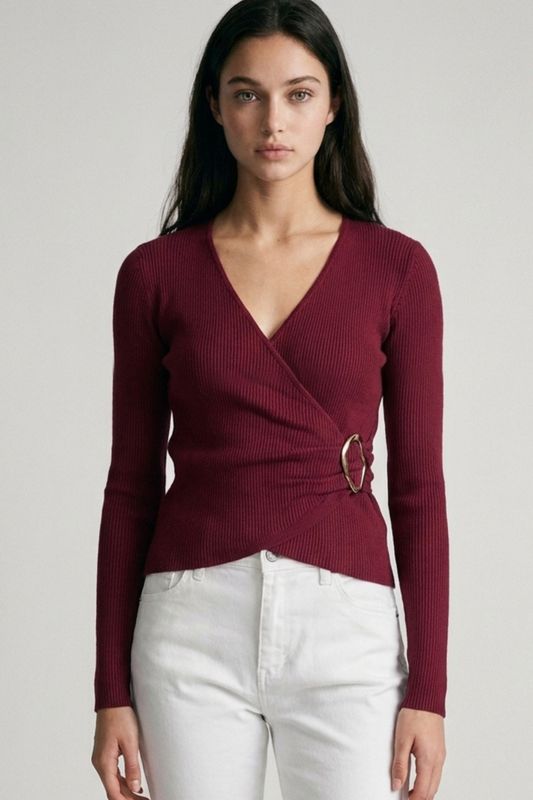 RIBBED CROSSOVER WRAP TOP