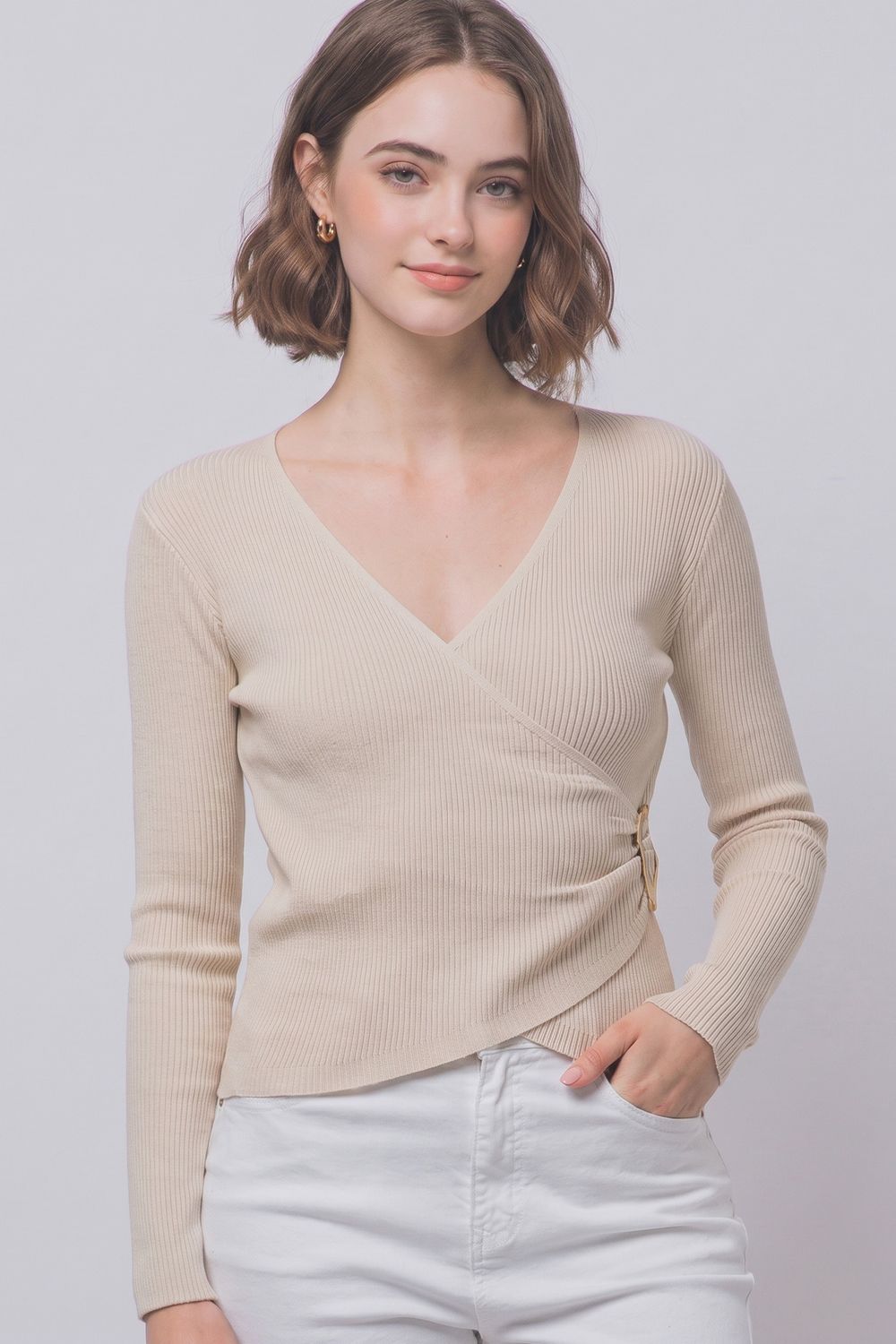 RIBBED CROSSOVER WRAP TOP, Color: OATMEAL, Size: SM