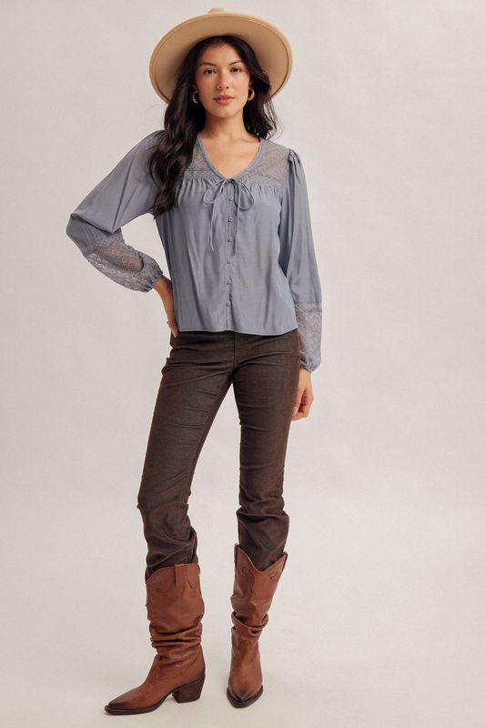 VNECK LACE TRIM BALLOON SLV TOP