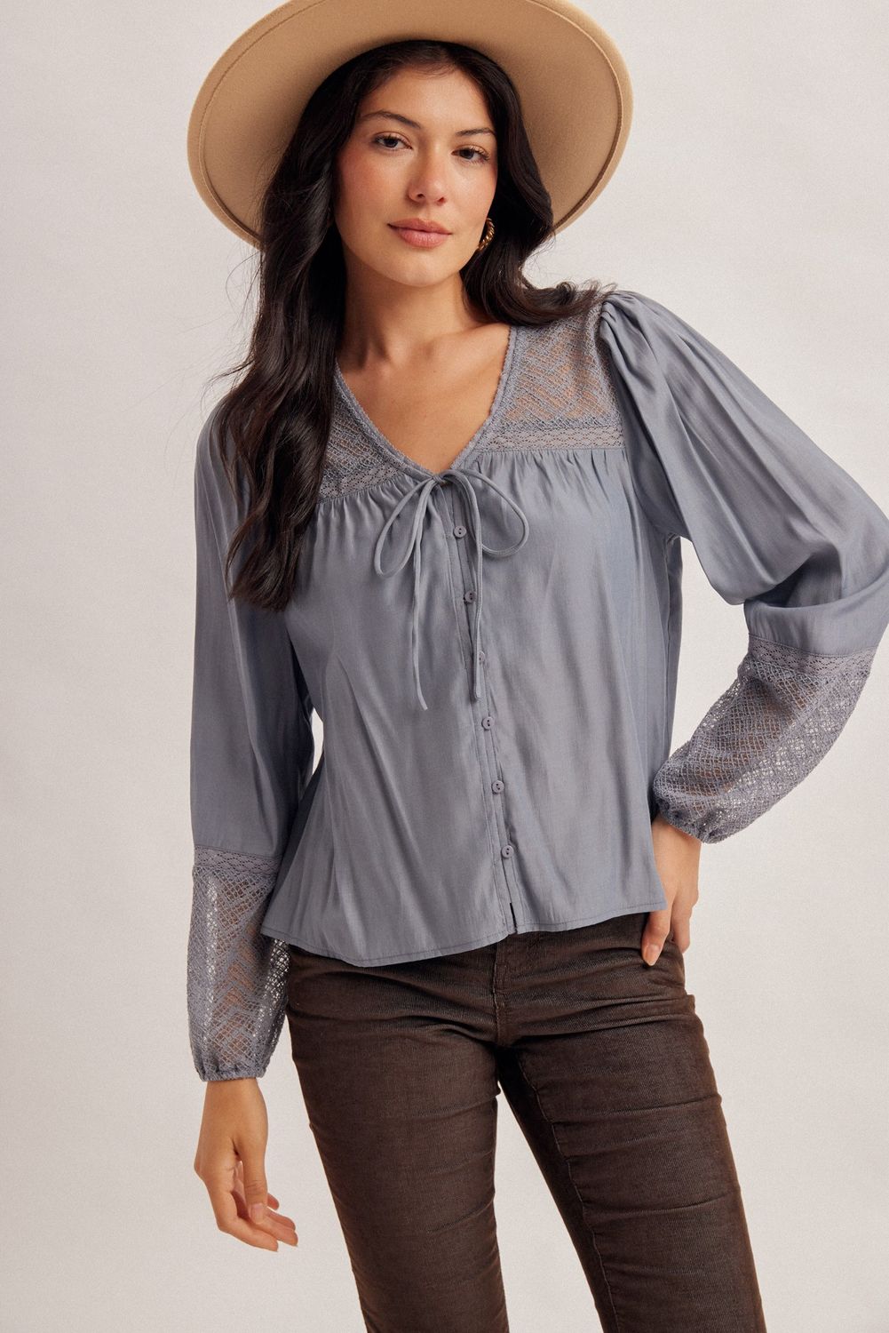 VNECK LACE TRIM BALLOON SLV TOP