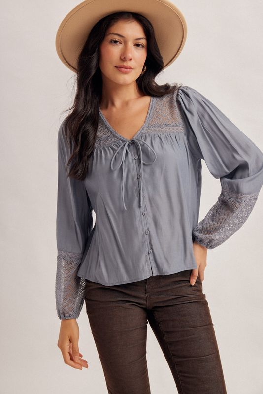 VNECK LACE TRIM BALLOON SLV TOP