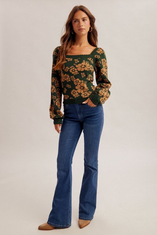 FLORAL PRINT SQ NECK BUBBLE SLV TOP