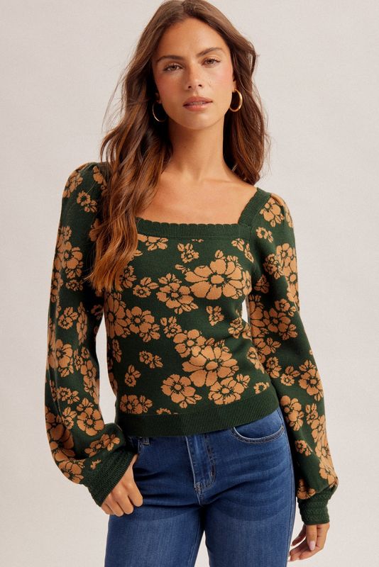 FLORAL PRINT SQ NECK BUBBLE SLV TOP