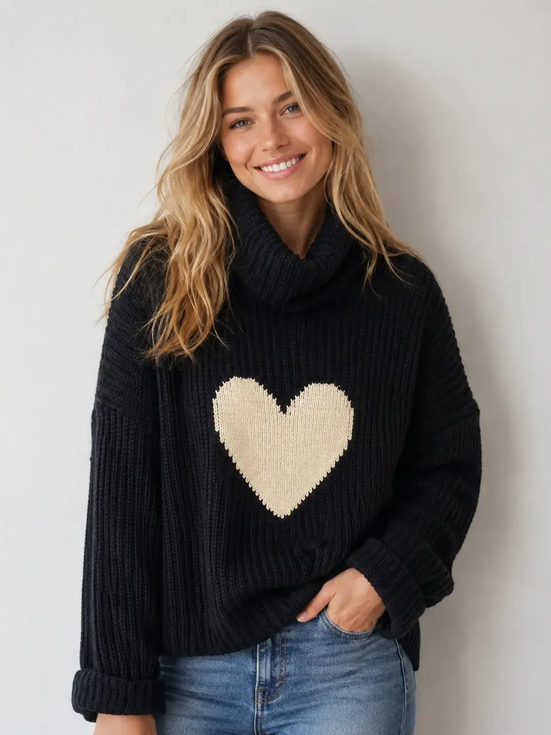 KNIT TURTLE NECK HEART SWEATER