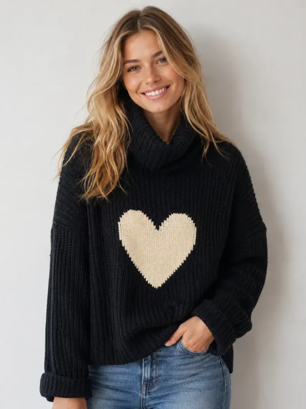 KNIT TURTLE NECK HEART SWEATER