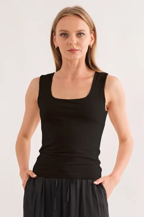 DBL LAYERED SQUARE NECK TANK, Color: BLACK, Size: SM