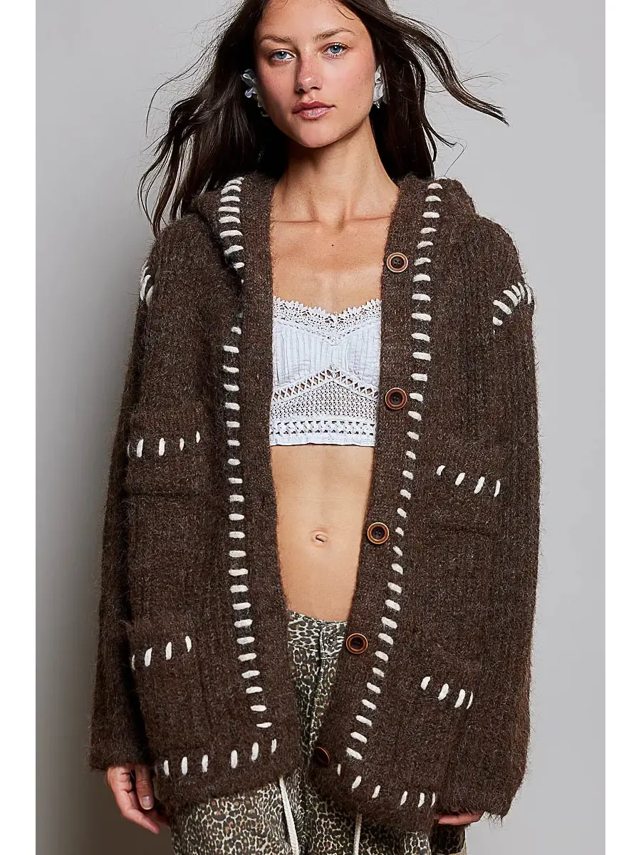 HOODED BUTTON FRONT CONTRAST STITCH CARDI