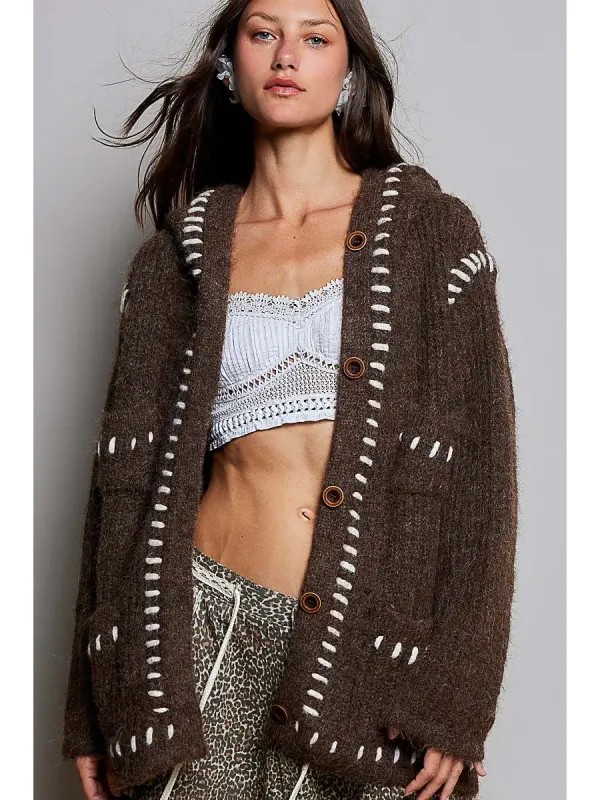 HOODED BUTTON FRONT CONTRAST STITCH CARDI
