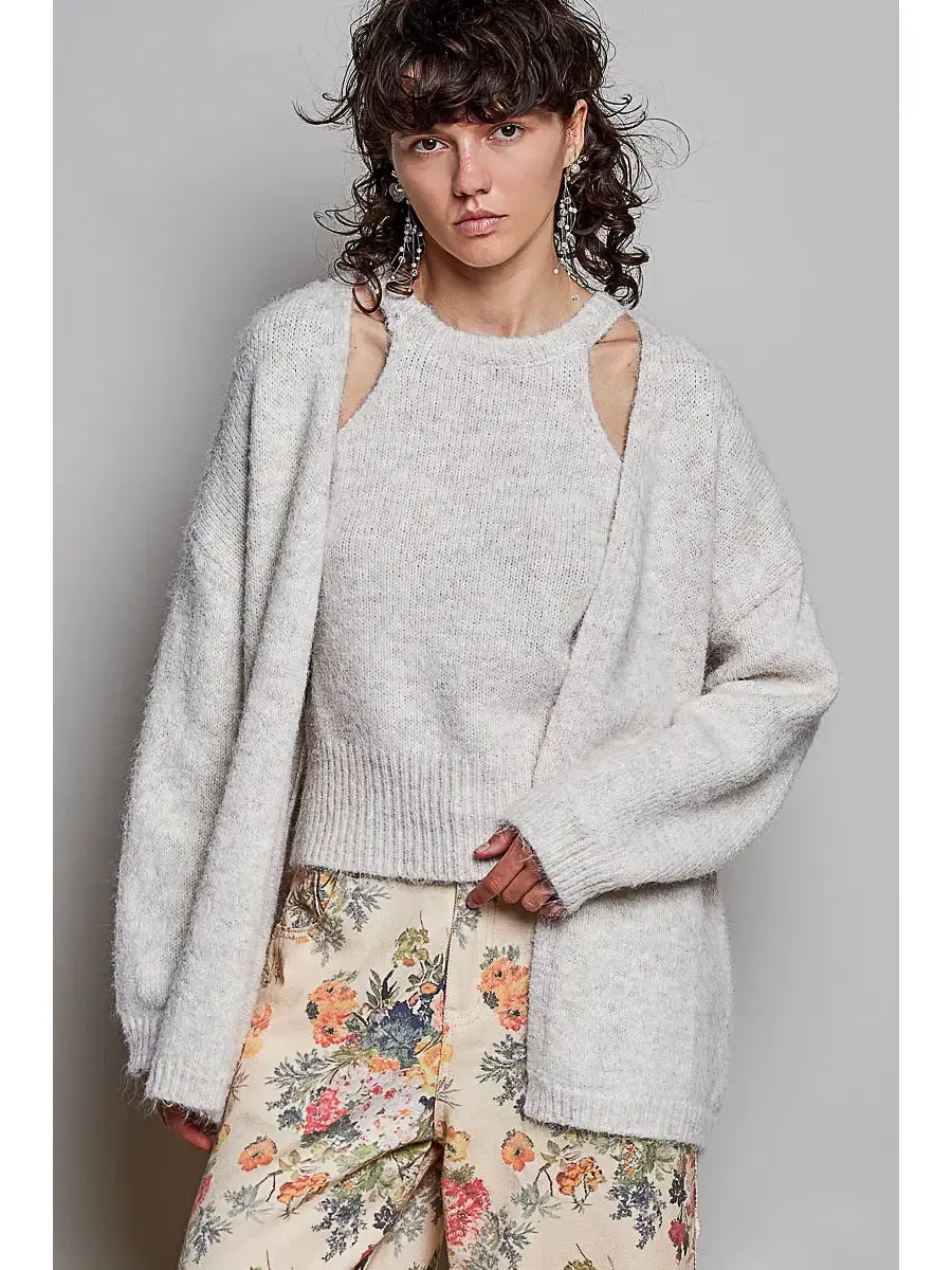 SOFT RIBBED LAYERED KNIT CARDI - 2 PC SET