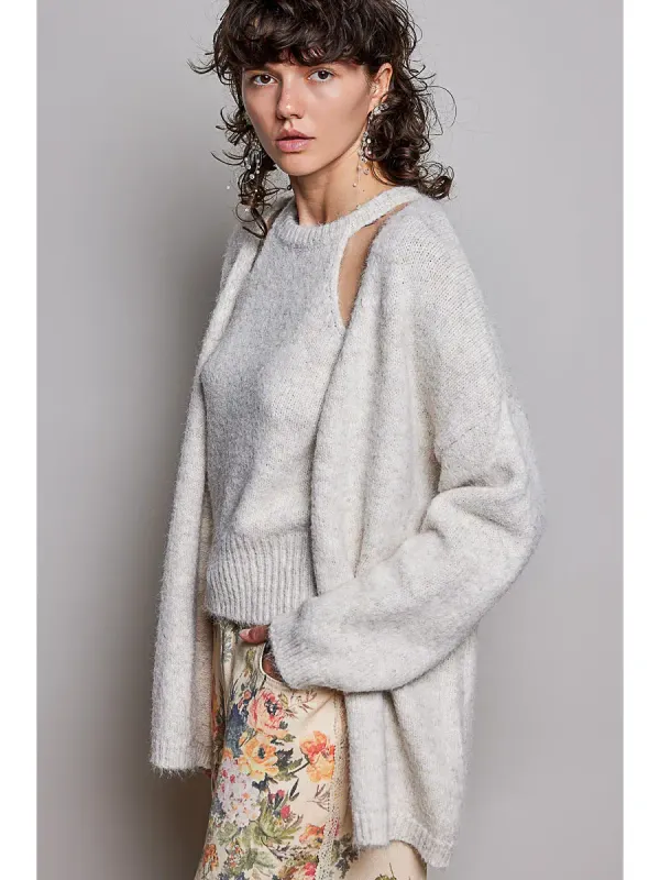 SOFT RIBBED LAYERED KNIT CARDI - 2 PC SET