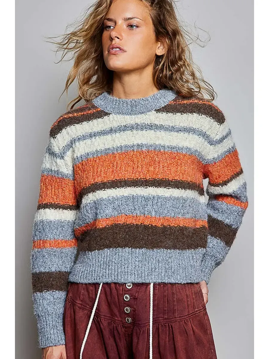 CHUNKY KNIT STRIPED CREWNECK SWEATER