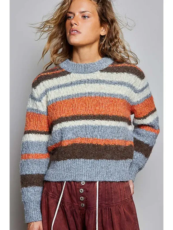 CHUNKY KNIT STRIPED CREWNECK SWEATER