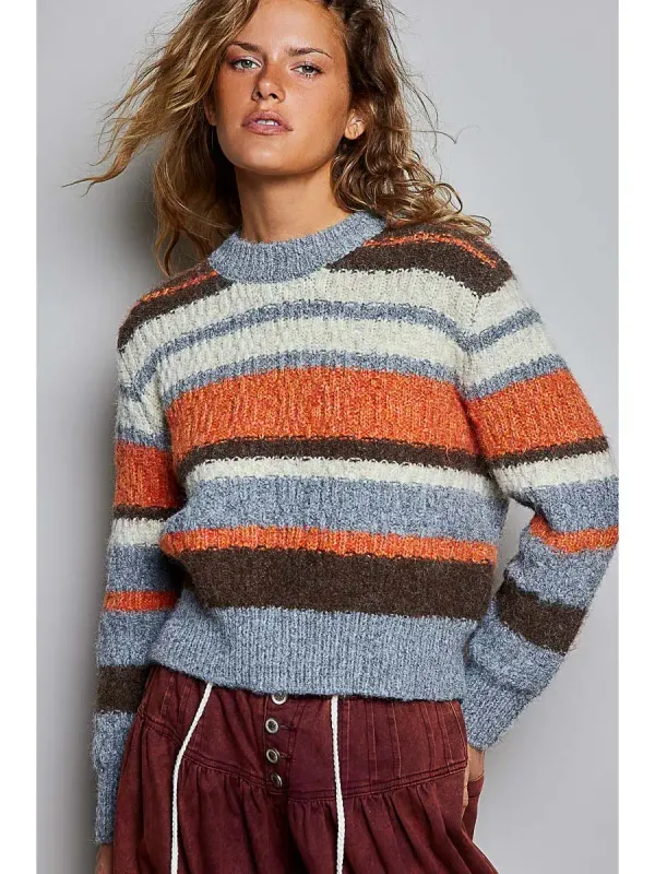 CHUNKY KNIT STRIPED CREWNECK SWEATER