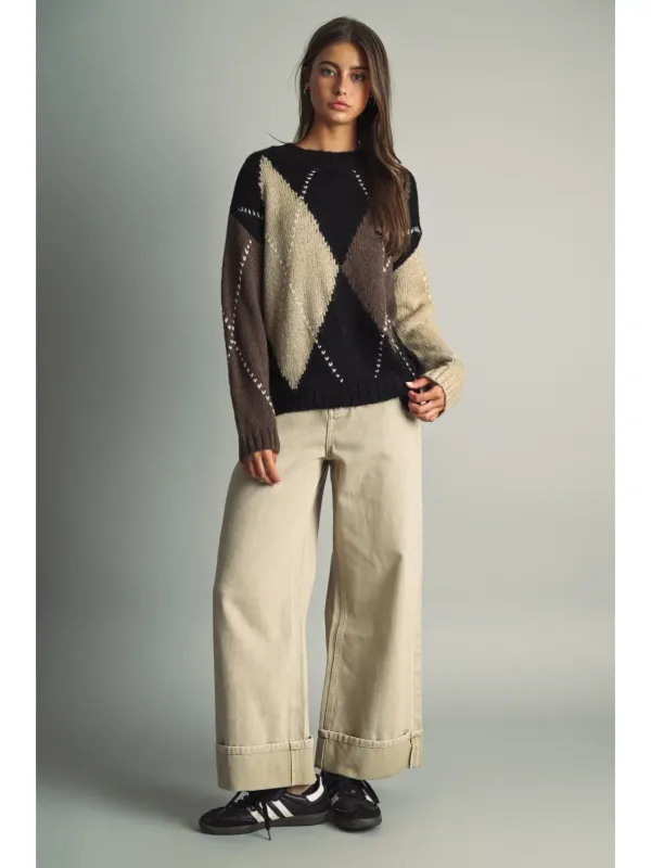 OVERSIZED ARGYLE CREWNECK SWEATER