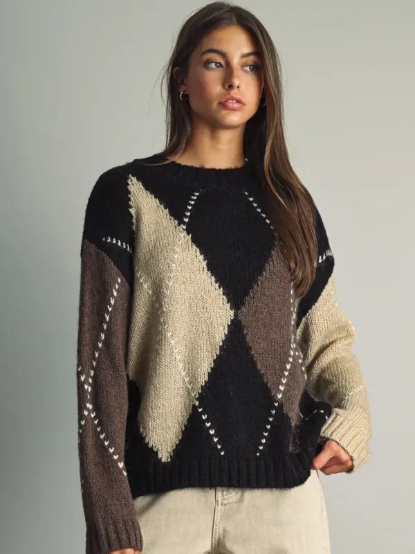 OVERSIZED ARGYLE CREWNECK SWEATER