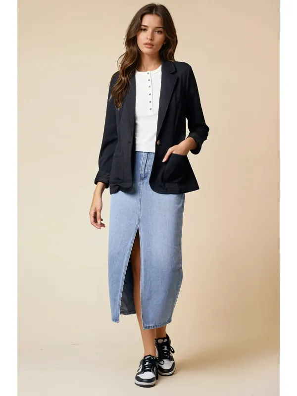 SHIRRED SLEEVE TEXTURED BLAZER