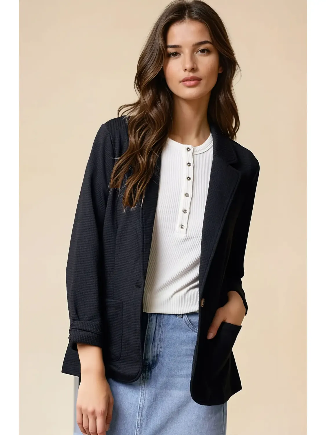 SHIRRED SLEEVE TEXTURED BLAZER