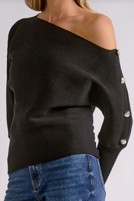 OFF SHOULDER BUTTON DETAIL SWEATER
