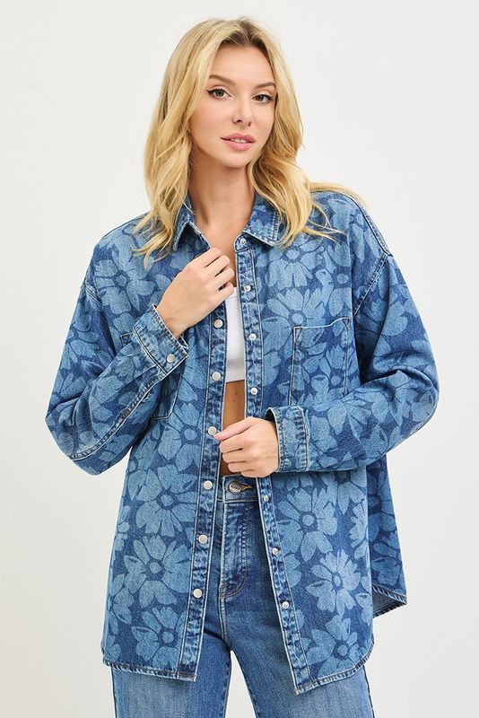 FLORAL PRINT DENIM SHIRT