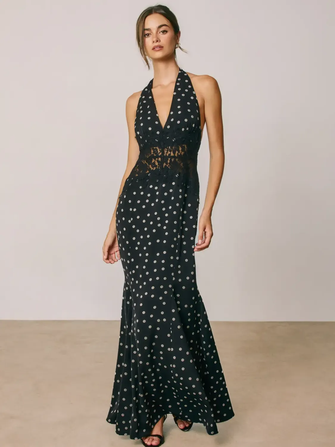 POLKA DOT LACE PANEL HALTER DRESS