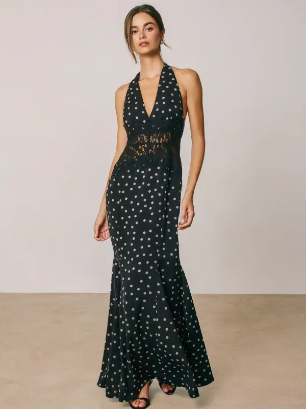 POLKA DOT LACE PANEL HALTER DRESS
