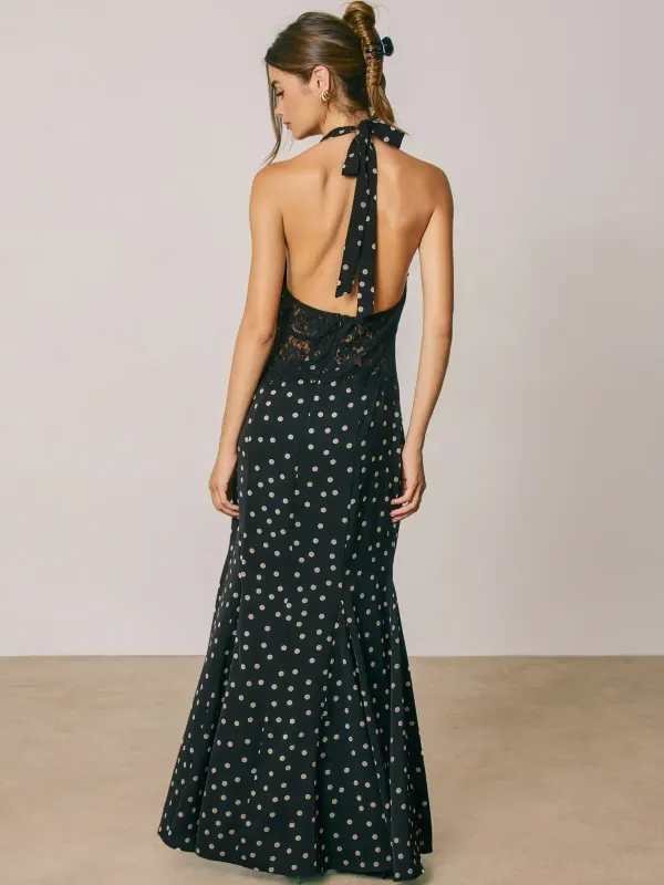 POLKA DOT LACE PANEL HALTER DRESS
