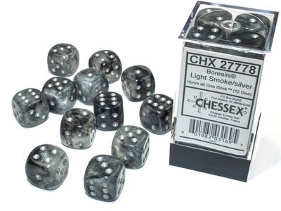 Dice: 12x D6: 16 mm: Borealis: Light Smoke/Silver Luminary