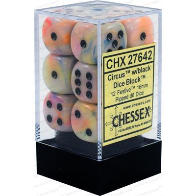 Dice: 12x D6: 16 mm: Festive: Circus/Black