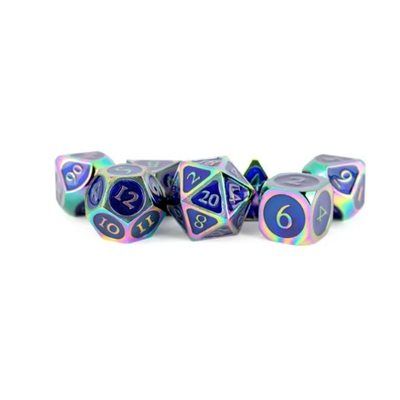 Dice: 7 pc: 16 mm: Metal: Rainbow with Blue Enamel