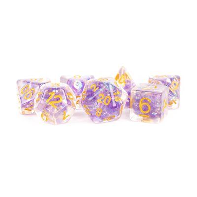 Dice: 7 pc: 16 mm: Resin: Pearl Purple with Gold Numbers