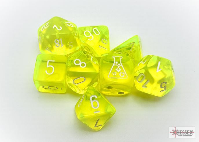 Dice: 7 pc: Lab Dice 7: Translucent: Neon Yellow with White - With Bonus Die