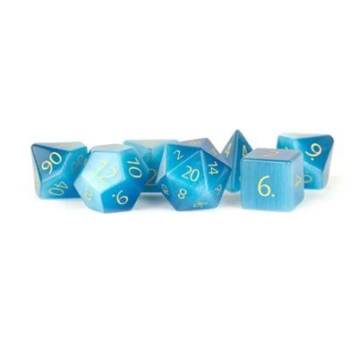 Dice: 7 pc: 16 mm: Mystic Mines Gemstone Dice: Engraved Cat's Eye Aquamarine