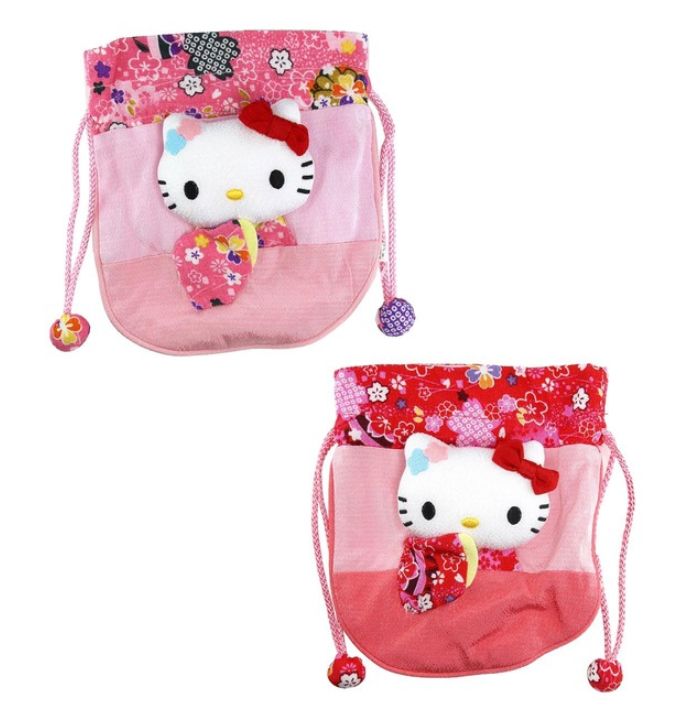 Chirimen Japanese Doll Drawstring Bag - Hello Kitty