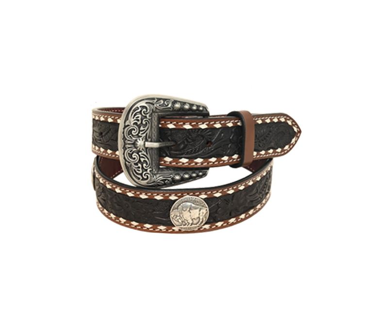 1.5″ Belt with Floral Carving, Black Wash, TT Finish, Bull Concho &amp; White Buckstitch.