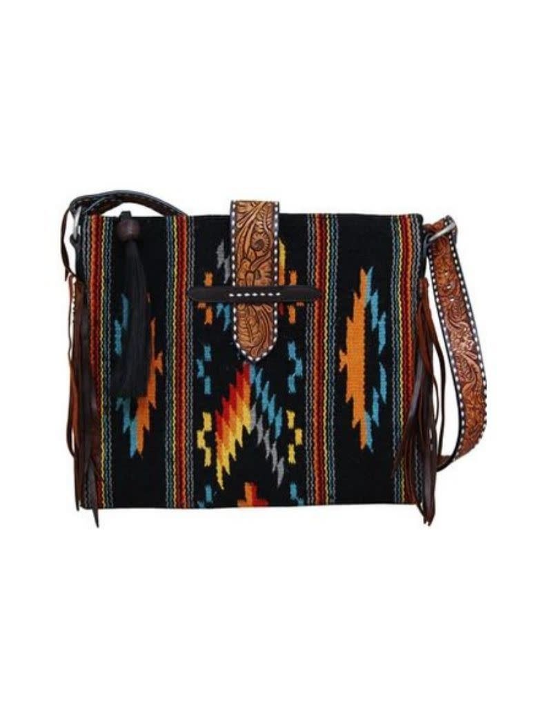 Black Belted Tote Cross Body Woolen Purse w/Brown Fringe