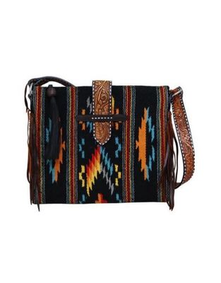 Black Belted Tote Cross Body Woolen Purse w/Brown Fringe