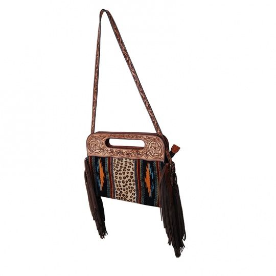 Clutch/Crossbody Bag - 13"(W) x 2" (D) x 10"(H) - Black Wool Pattern with Leopard Center