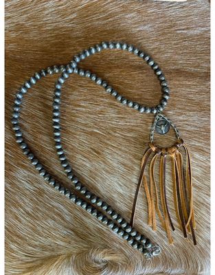 Silver Leather Tassel w/Cow Skull Necklace