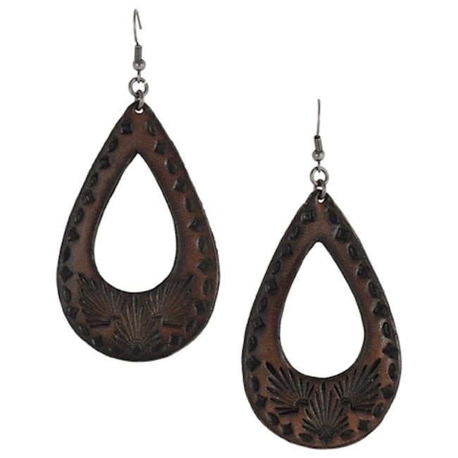 Tooled Leather Brown Teardrop Earrings