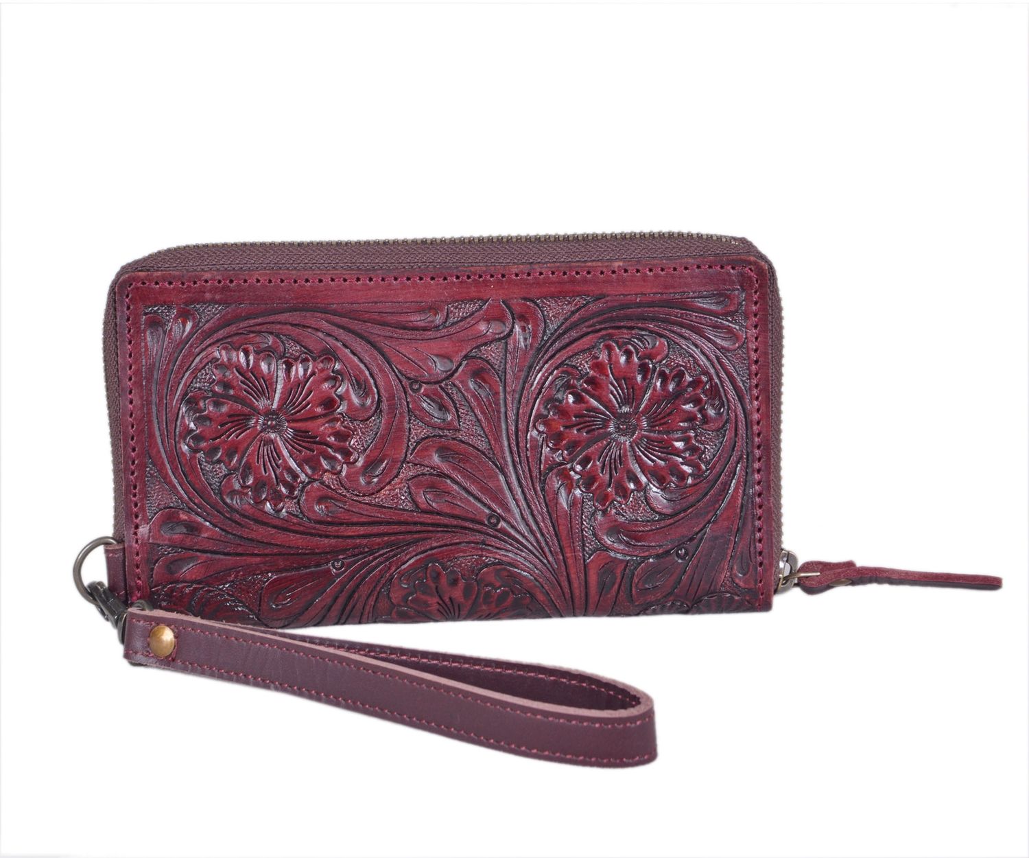 Wallet – Large with tooled dark leather, with brass closures. Size 8″ wide, 4.5″ tall and 1.25″ gusset