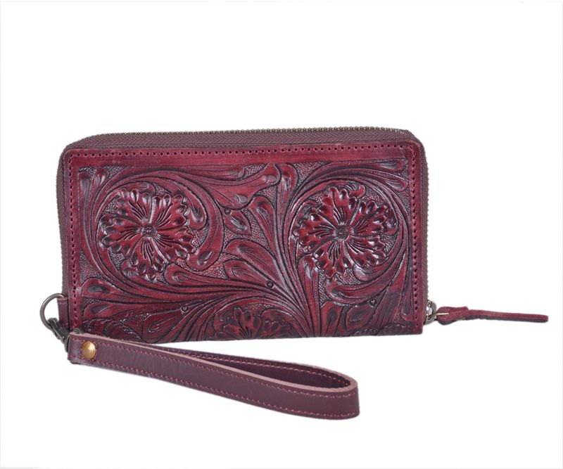 Wallet – Large with tooled dark leather, with brass closures. Size 8″ wide, 4.5″ tall and 1.25″ gusset
