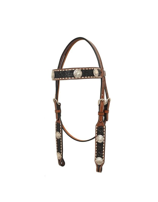 Browband Headstall w/ Floral Carving, Black Wash, TT Finish, Bull Concho &amp; White Buckstitch