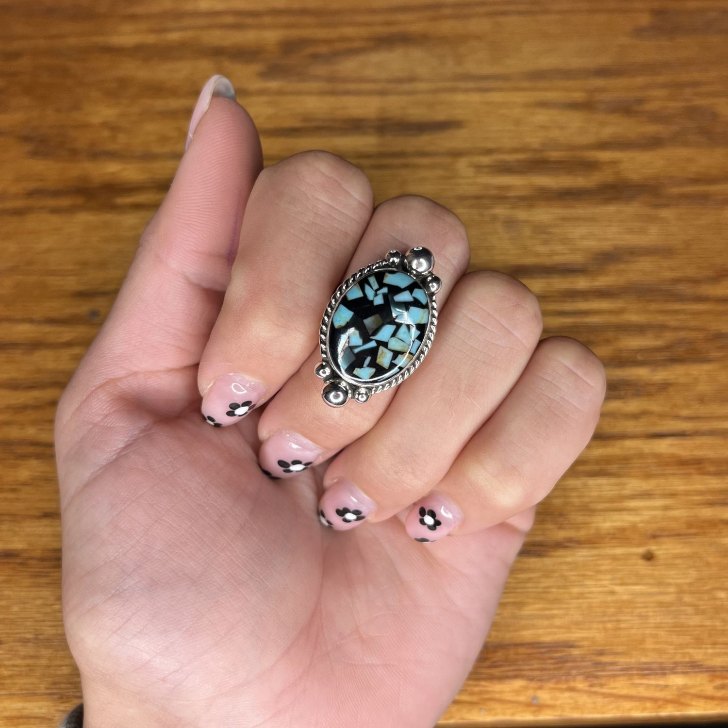 Mosaic Onyx/Turquoise Chip Adjustable Ring