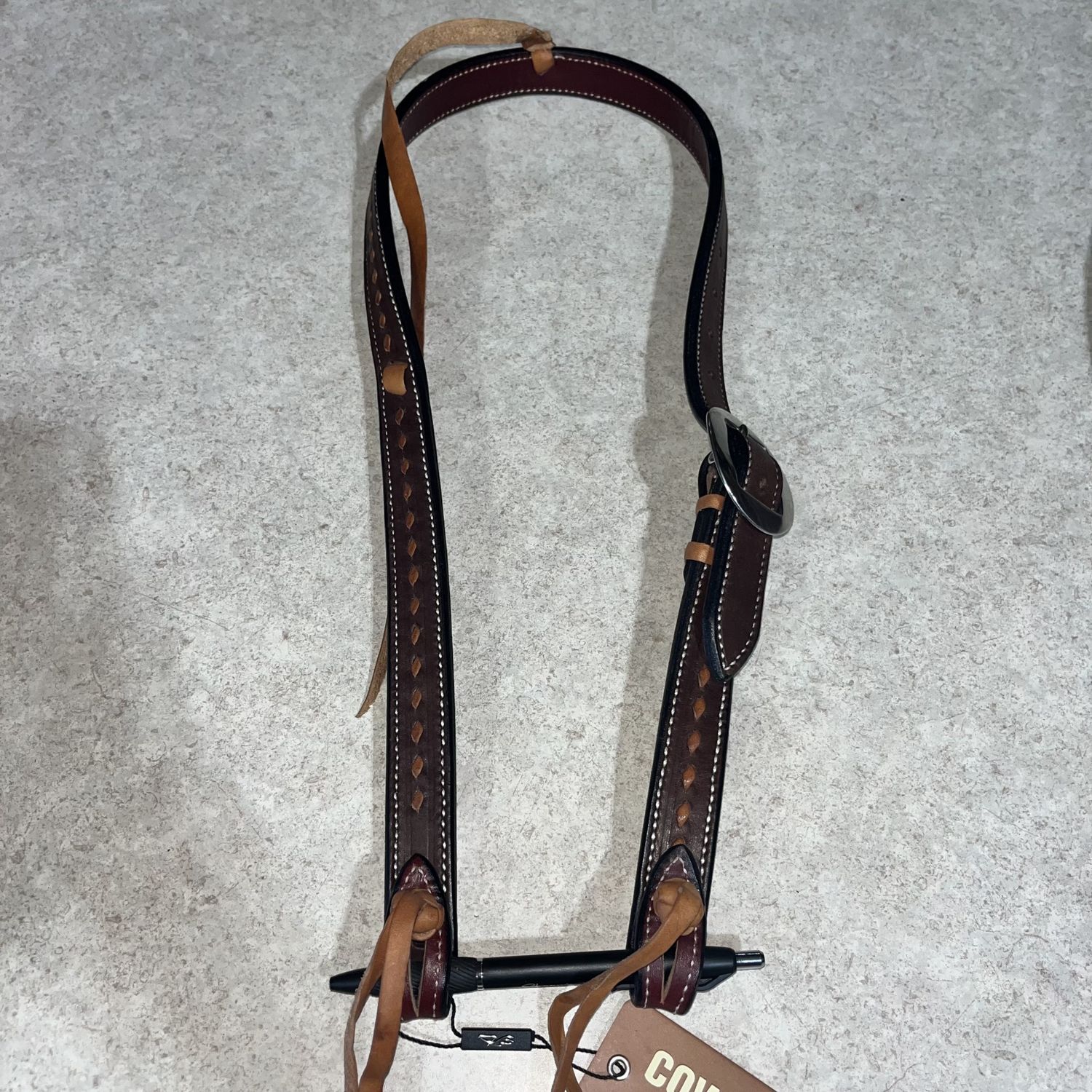 Headstall Slip Ear 1" Cowboy Knot Chocolate With Tan Buckstitch