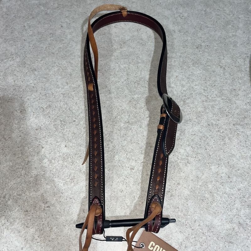 Headstall Slip Ear 1" Cowboy Knot Chocolate With Tan Buckstitch
