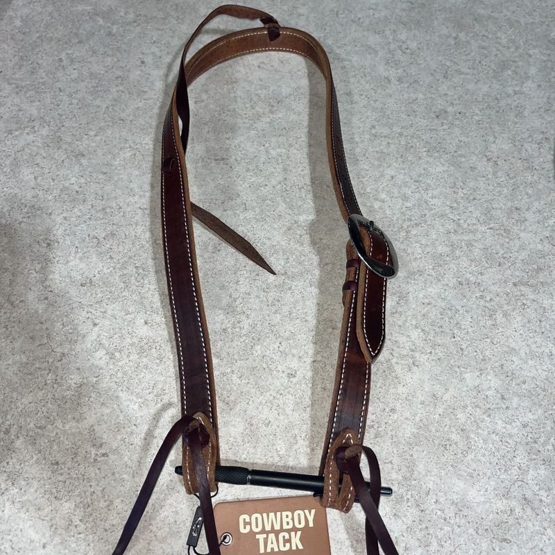 Headstall Slip Ear 1" Chocolate Harness Leather with Cowboy Knots