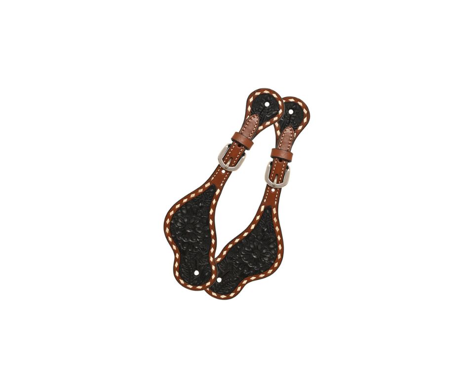 Spur strap with Floral Carving, Black Wash, TT Finish &amp; White Buckstitch