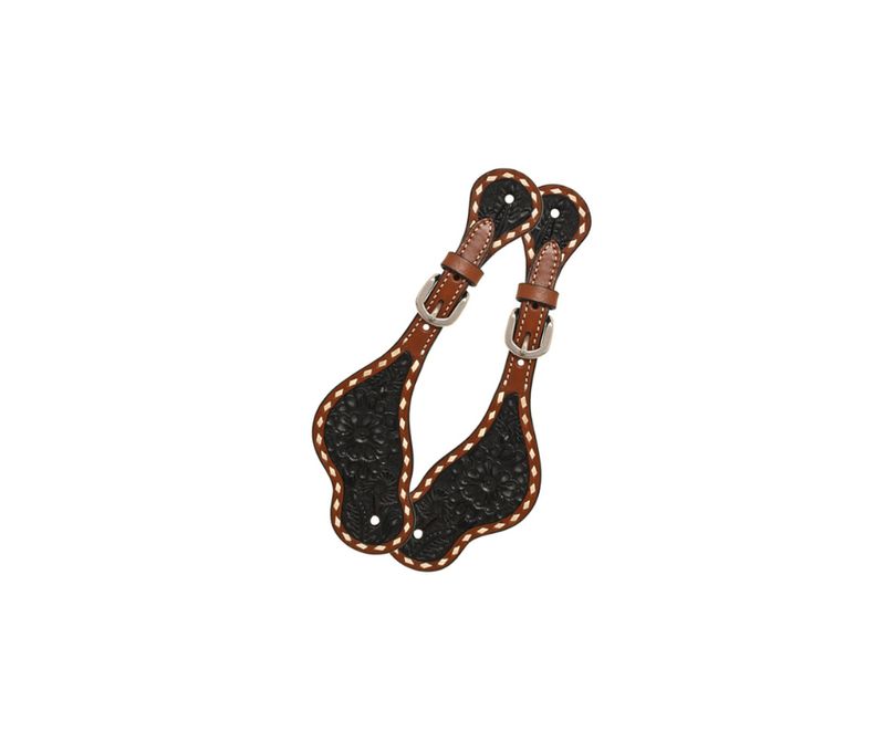 Spur strap with Floral Carving, Black Wash, TT Finish &amp; White Buckstitch